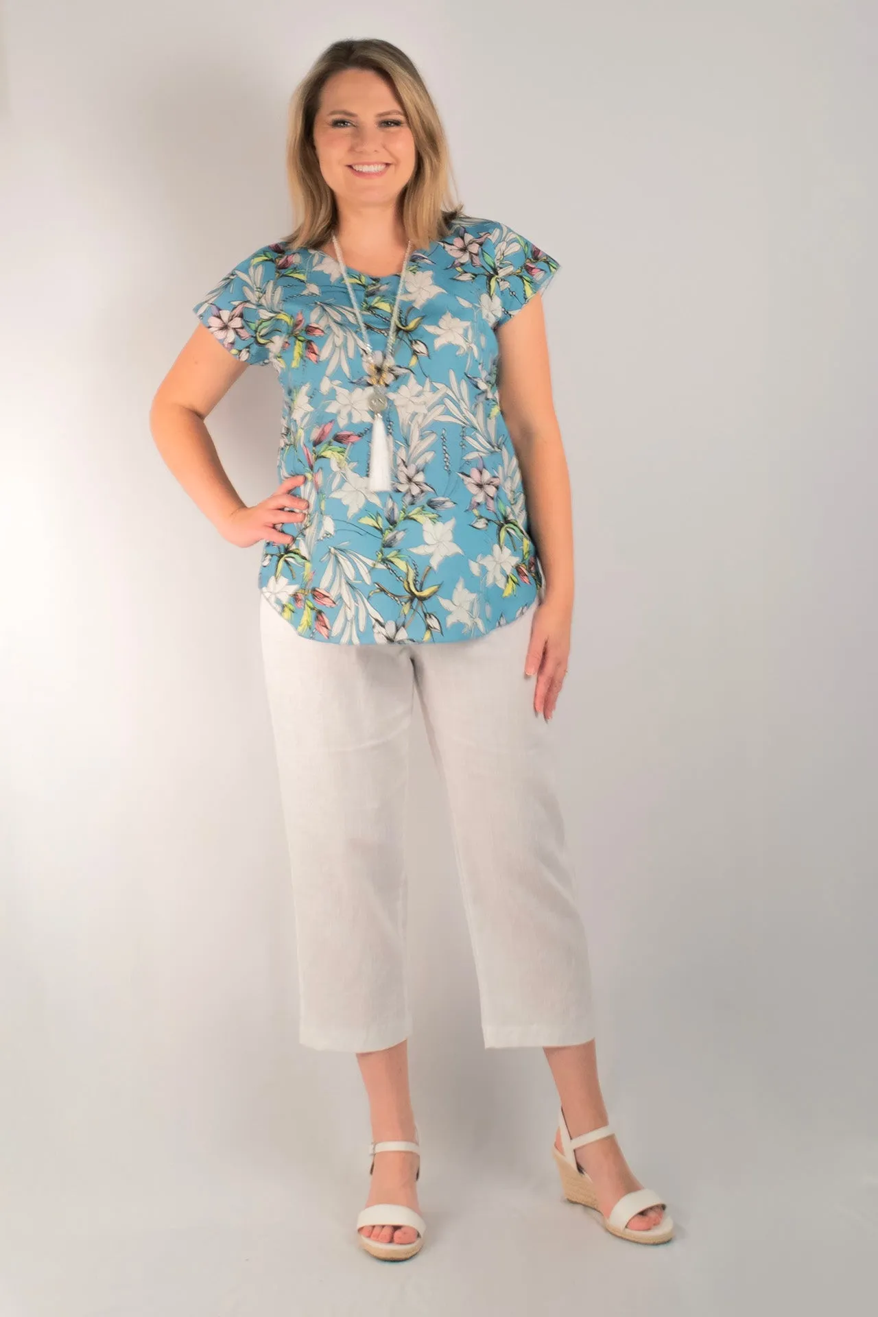 French Print Short Sleeve Linen and Silk Top