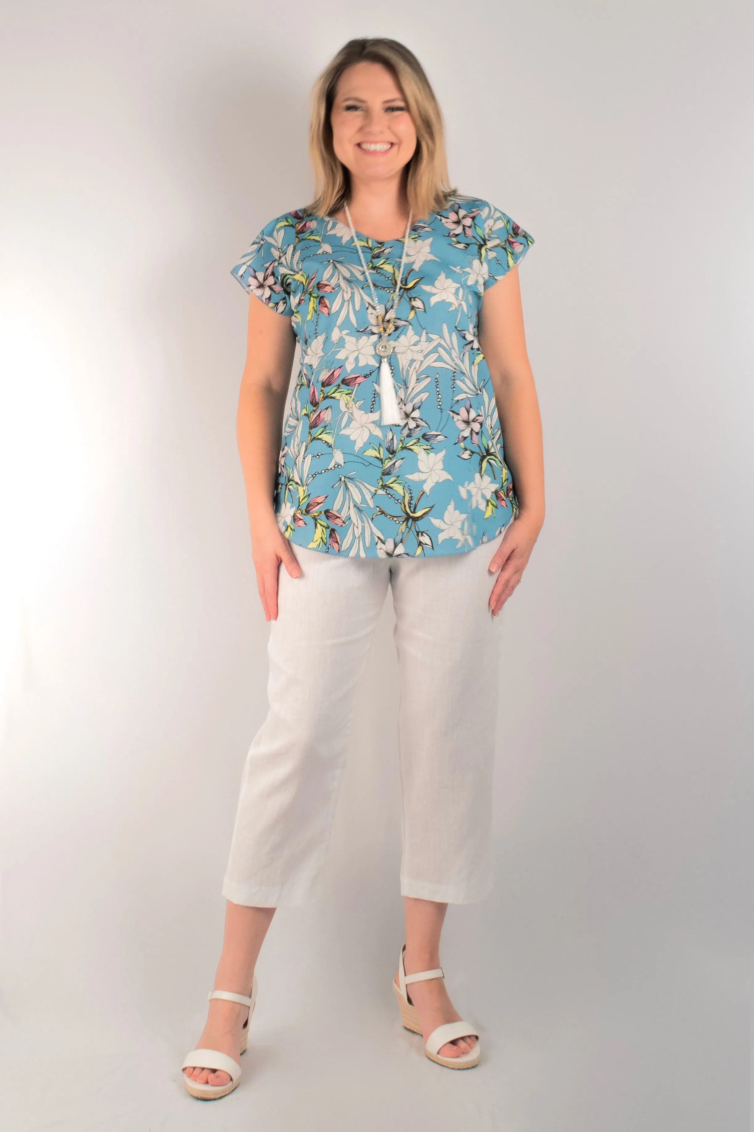 French Print Short Sleeve Linen and Silk Top