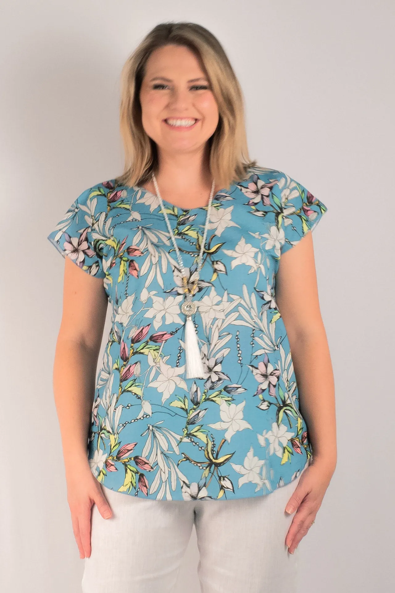 French Print Short Sleeve Linen and Silk Top