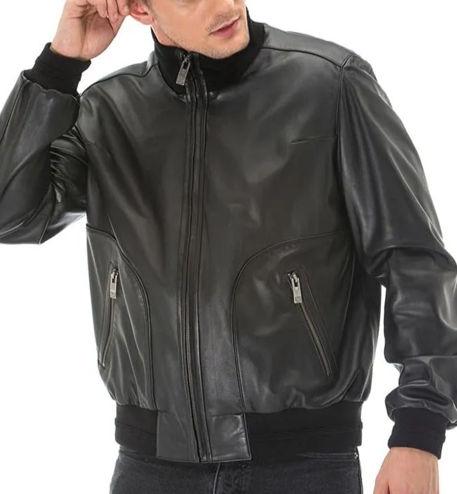 Frontier Black Leather Bomber Jacket