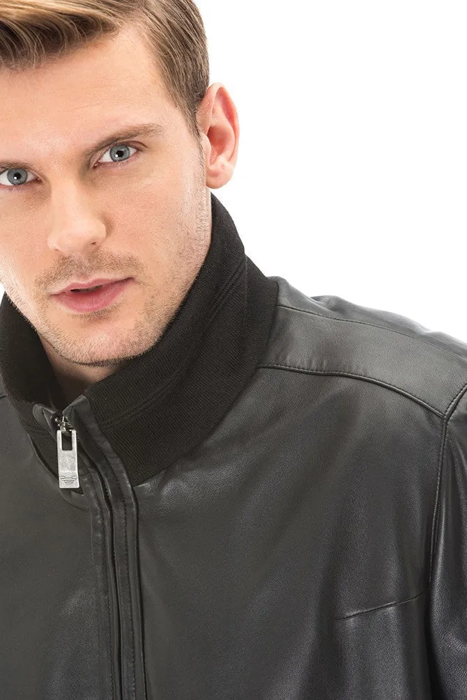 Frontier Black Leather Bomber Jacket