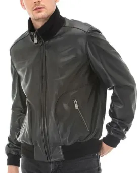 Frontier Black Leather Bomber Jacket