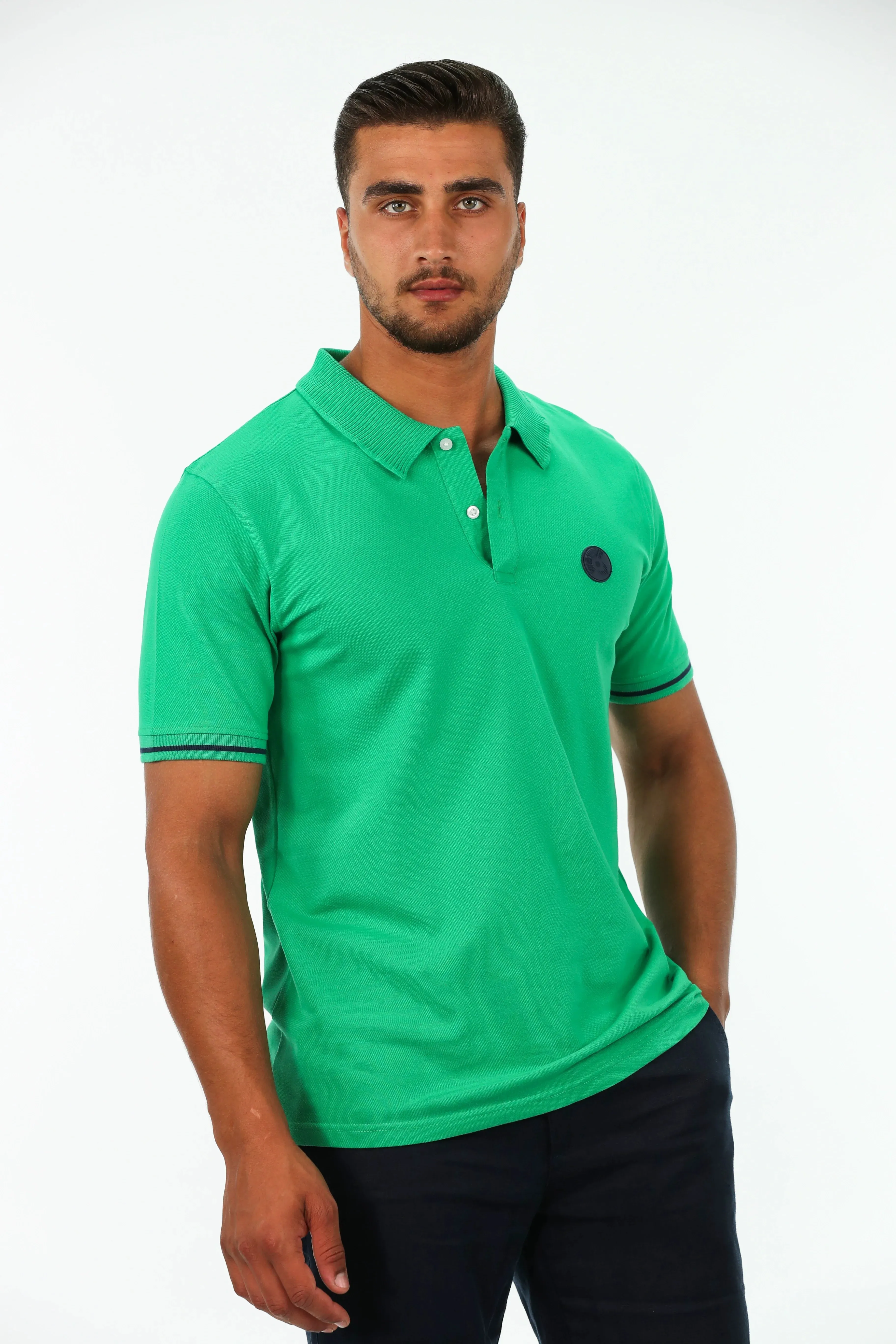 Green Polo With Strip Shoulder Design