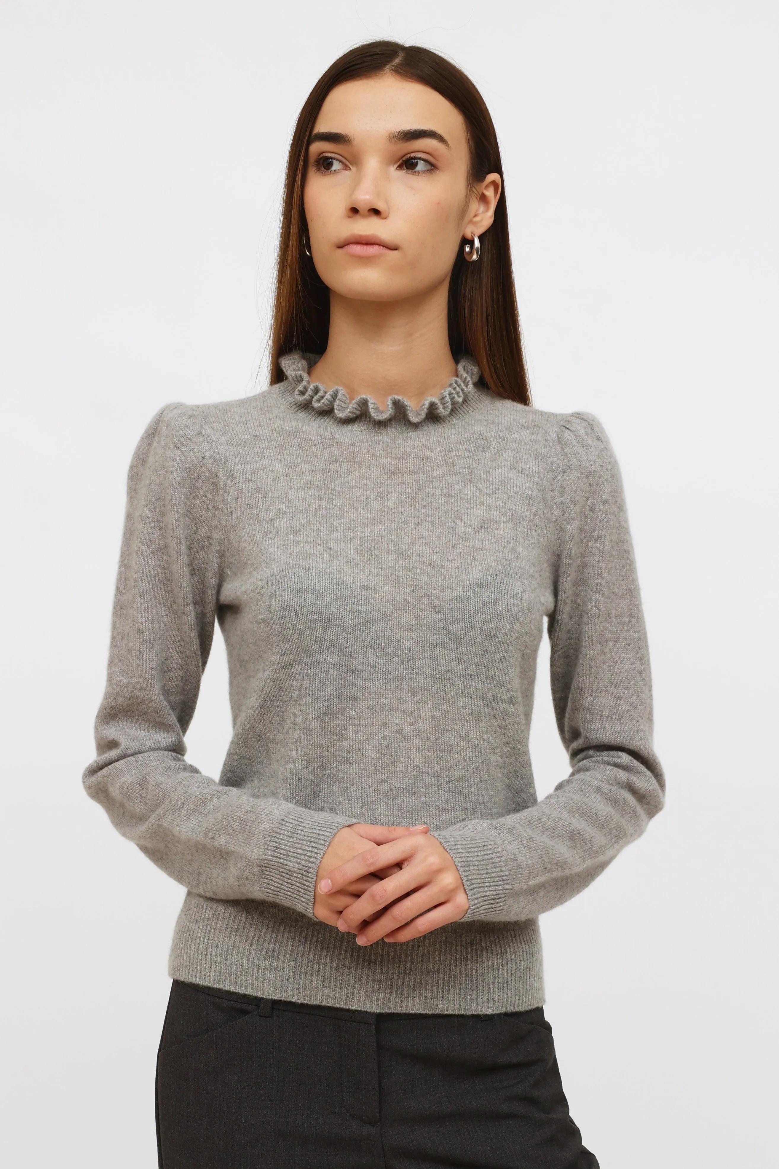 Grey Cashmere Ruffle Collar Sweater