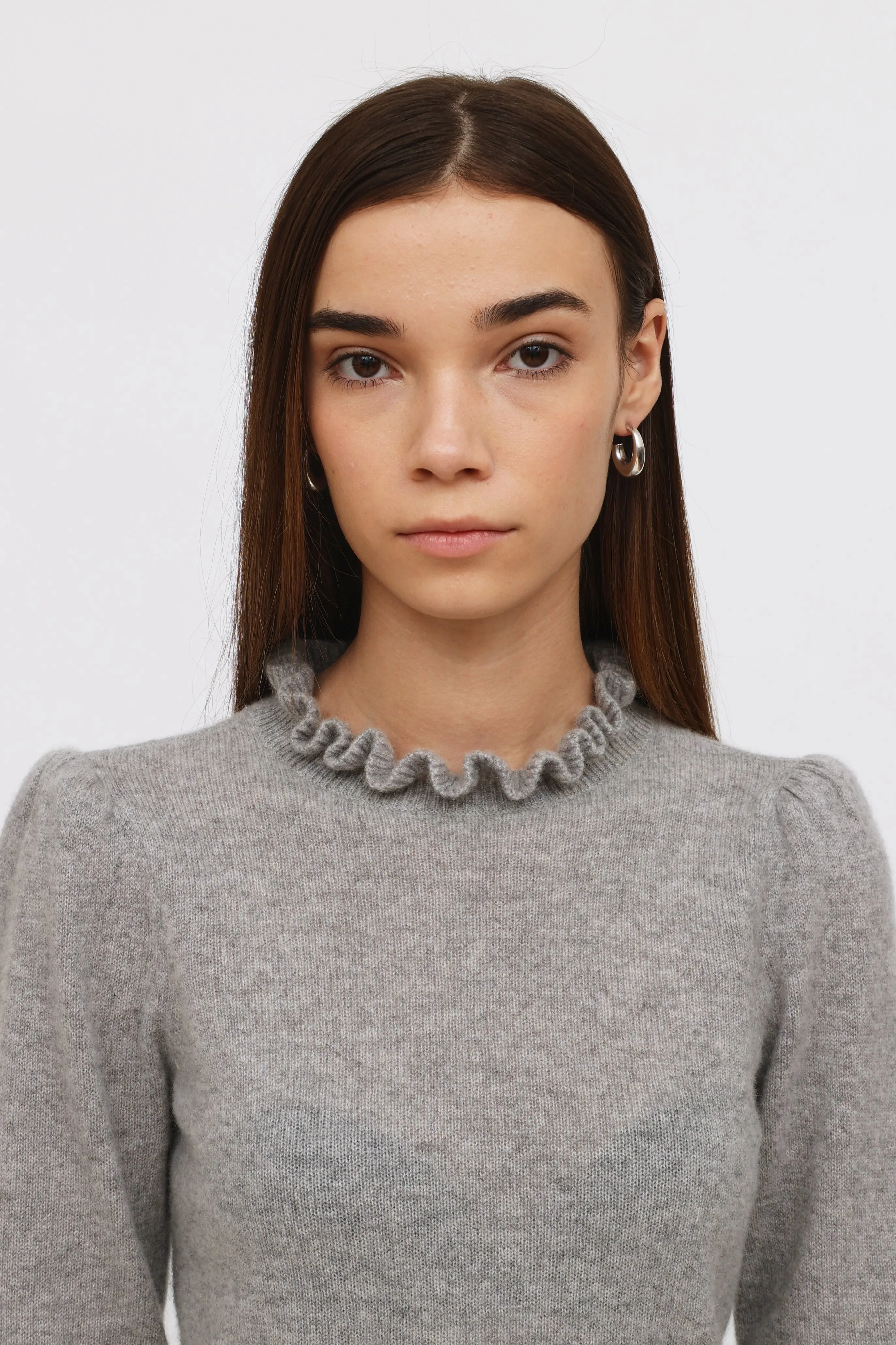 Grey Cashmere Ruffle Collar Sweater