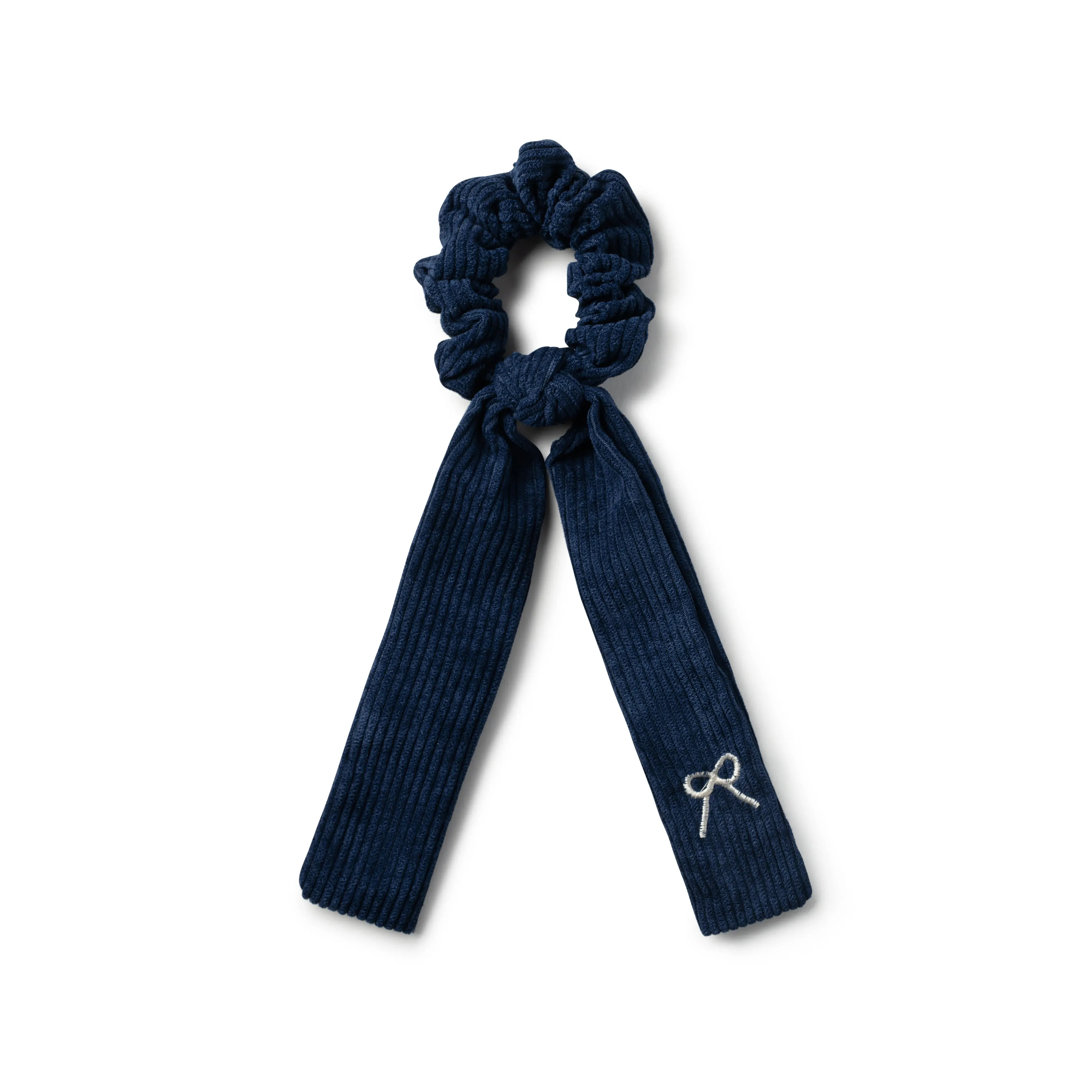 Halo Luxe Mia Corduroy Signature Bow Logo Long Tail Scrunchie - Navy