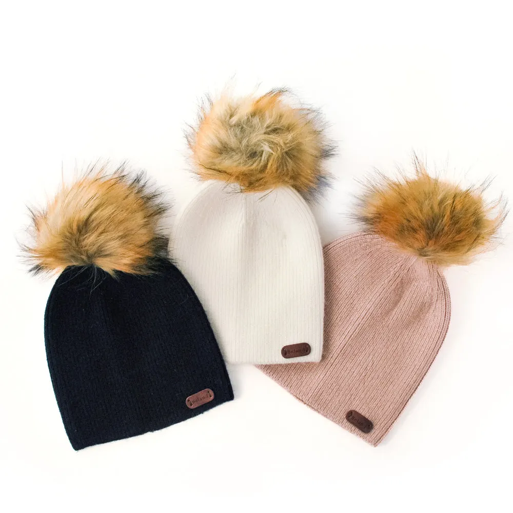 Kids Beanie with faux fur pompom -Creamy Blush (2-8yr)