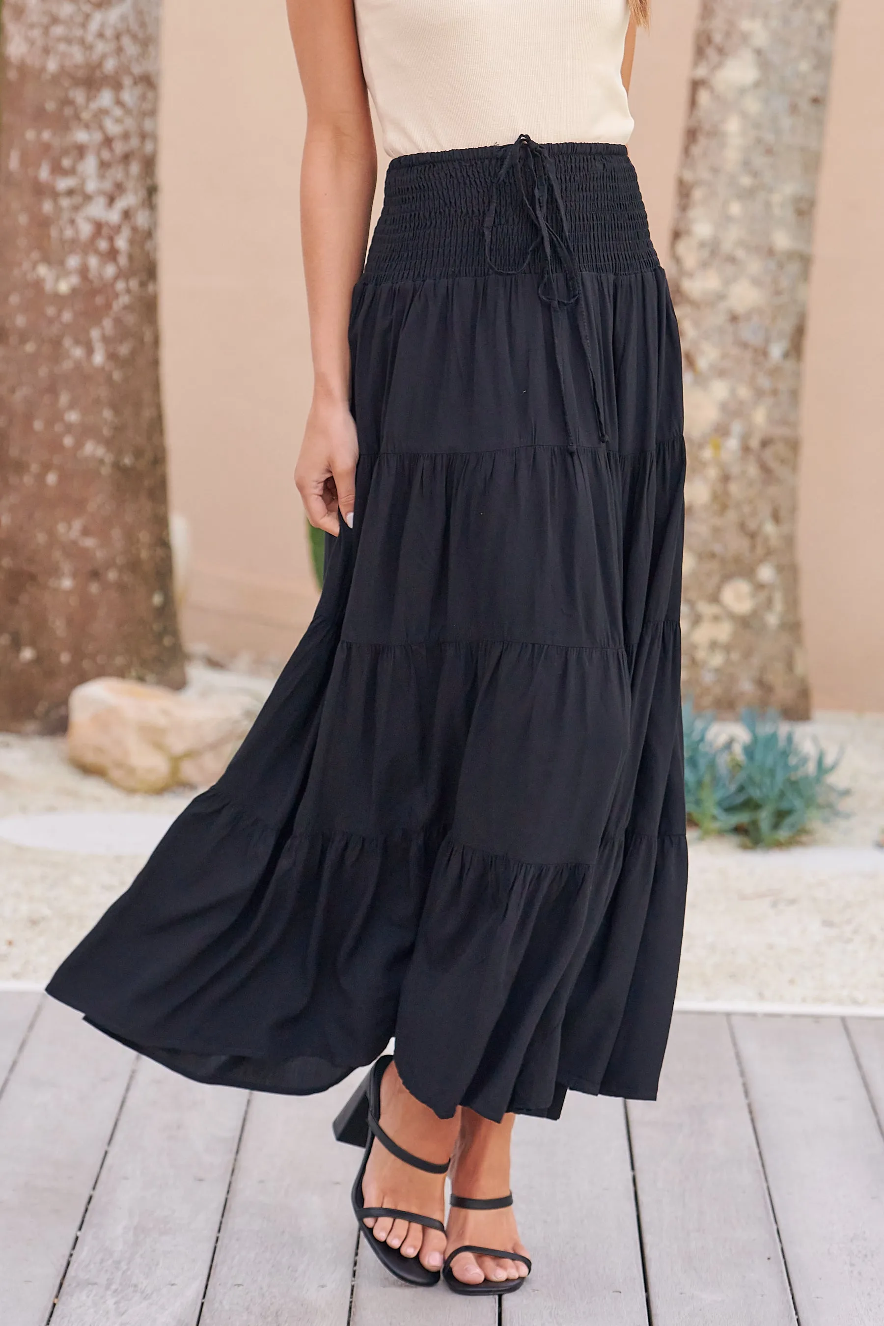 Kinsley Black Tiered Maxi Skirt