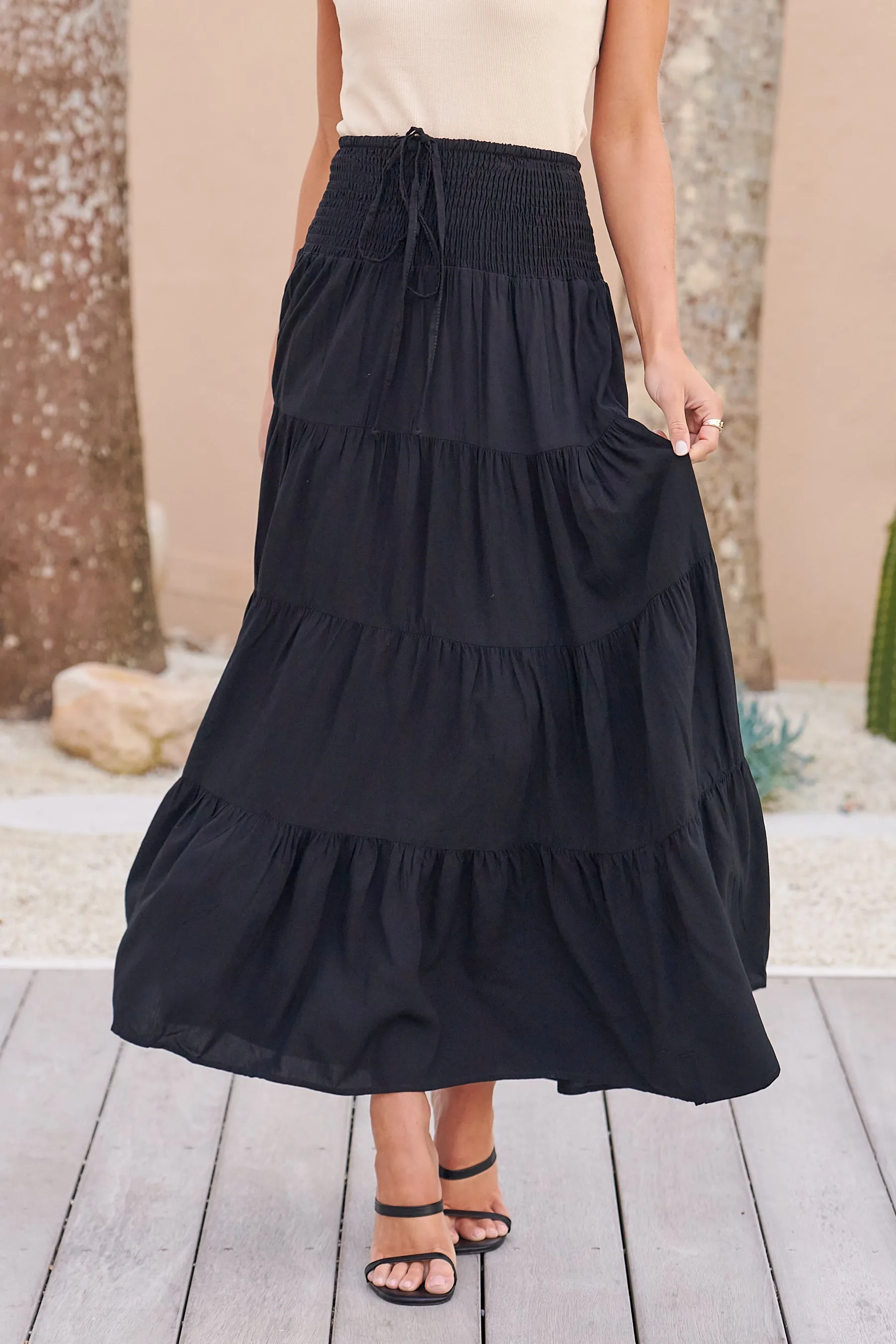 Kinsley Black Tiered Maxi Skirt