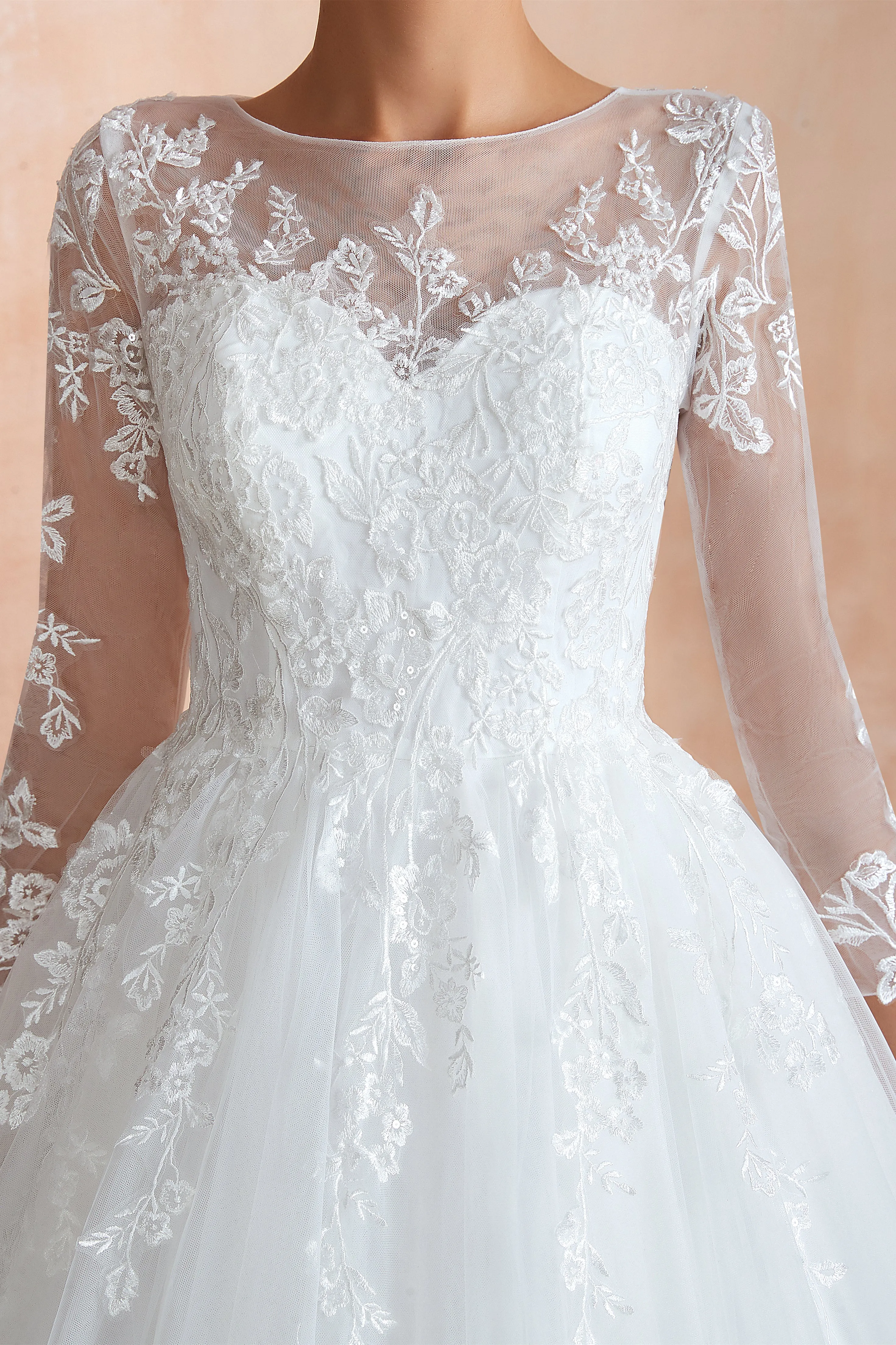 Lace Jewel White Tulle Wedding Dresses with 3/4 Sleeves