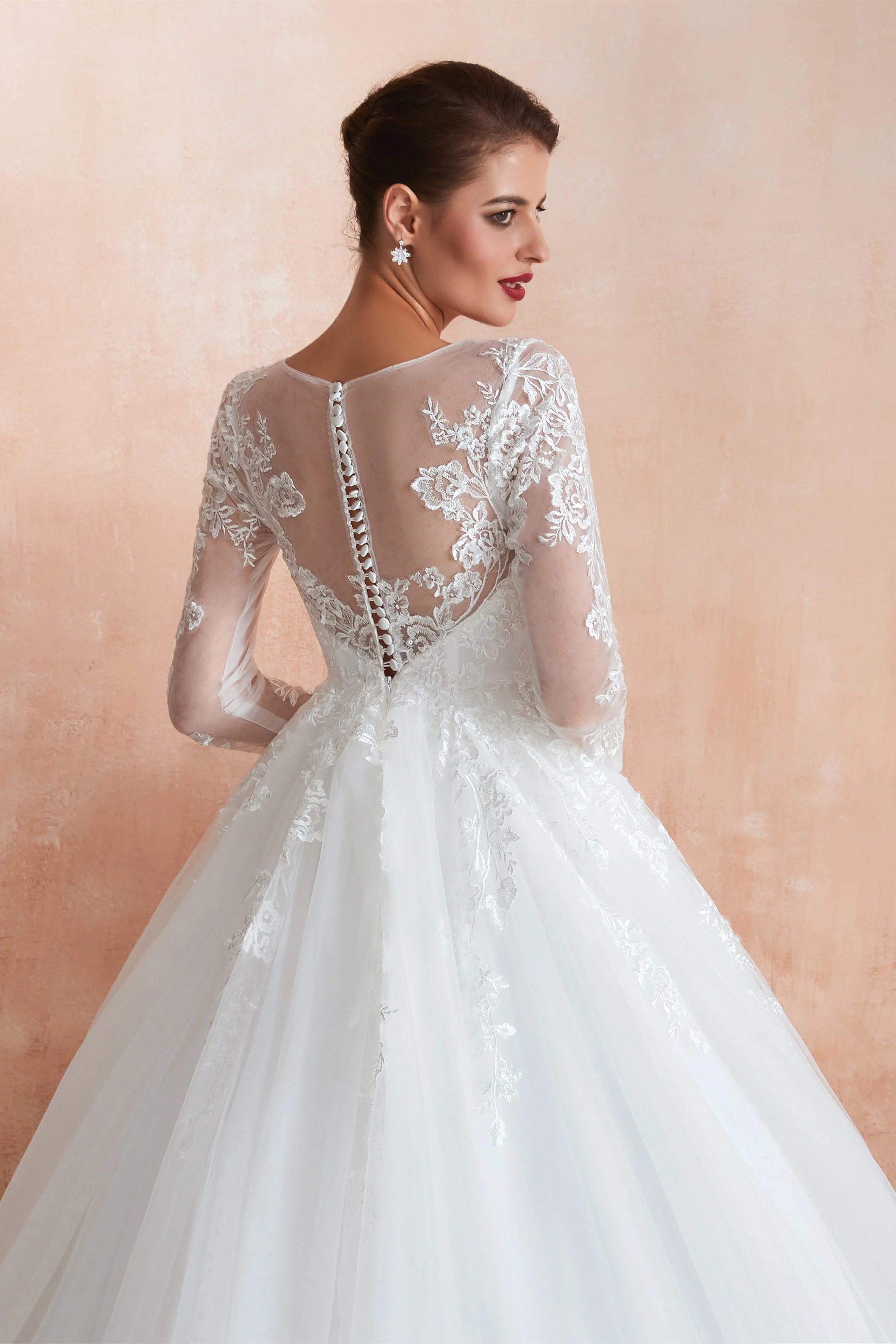 Lace Jewel White Tulle Wedding Dresses with 3/4 Sleeves