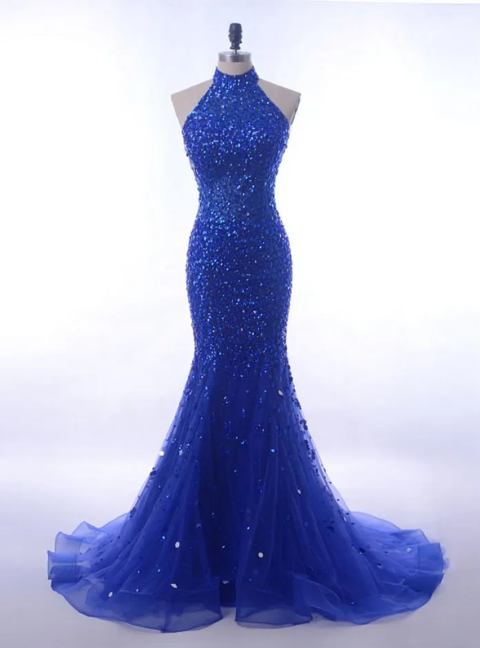 Long Royal Blue Mermaid Prom Dresses Halter For Formal Gowns