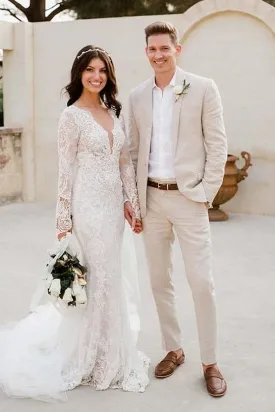 Long Sleeve Beach White Wedding Dress,Ivory Mermaid Bride Gown