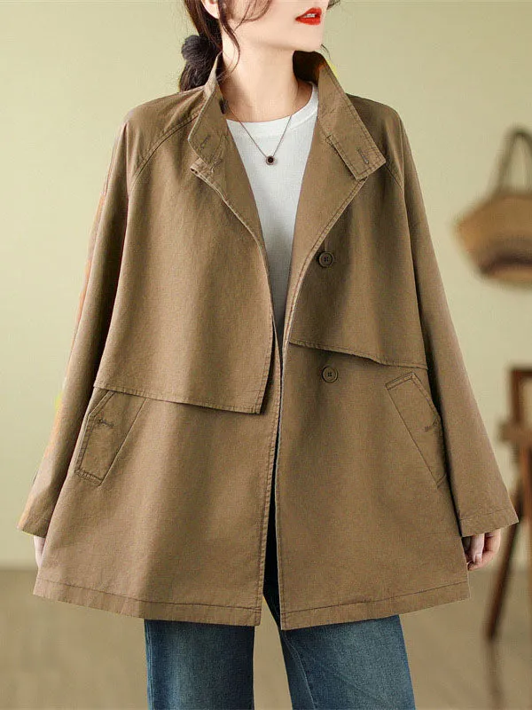 Long Sleeves Loose Asymmetric Buttoned Pockets Solid Color Split-Joint Stand Collar Outerwear Trench Coats