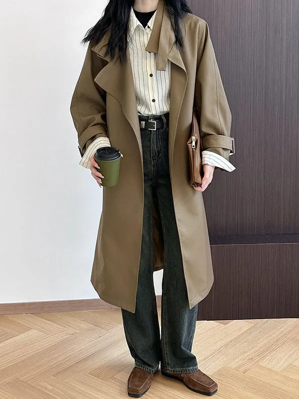 Long Sleeves Loose Buckle Pockets Solid Color Split-Back Tied Waist Lapel Trench Coats