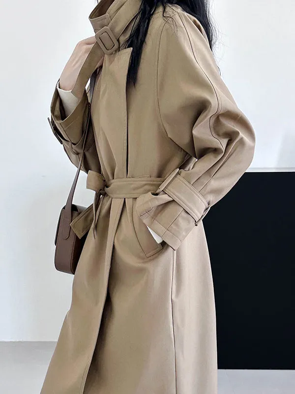 Long Sleeves Loose Buckle Pockets Solid Color Split-Back Tied Waist Lapel Trench Coats