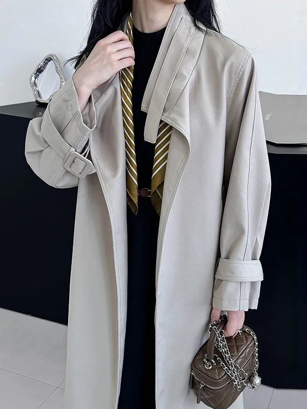 Long Sleeves Loose Buckle Pockets Solid Color Split-Back Tied Waist Lapel Trench Coats