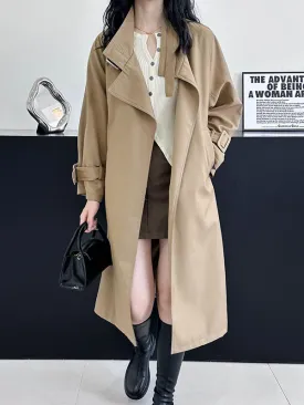 Long Sleeves Loose Buckle Pockets Solid Color Split-Back Tied Waist Lapel Trench Coats