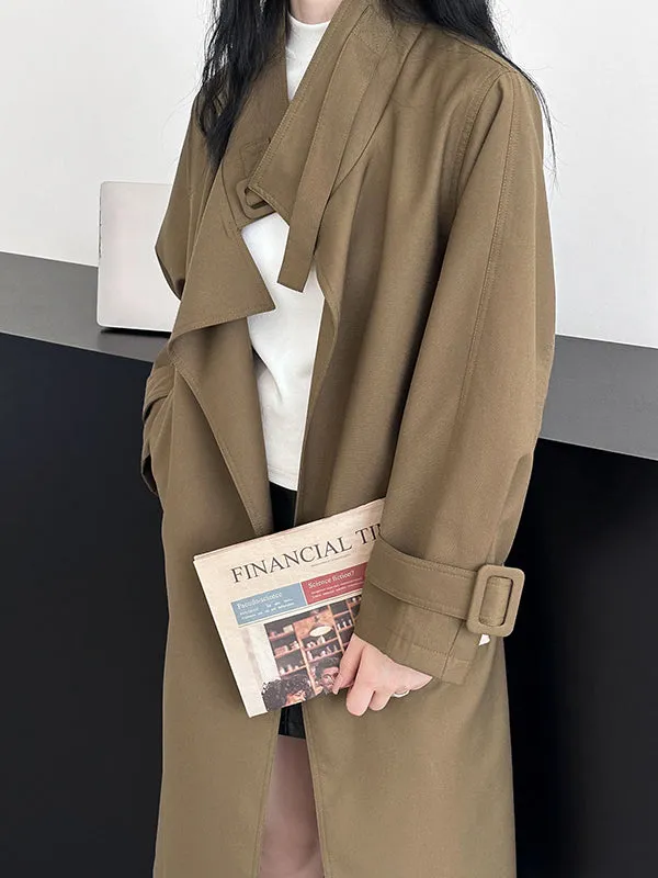 Long Sleeves Loose Buckle Pockets Solid Color Split-Back Tied Waist Lapel Trench Coats