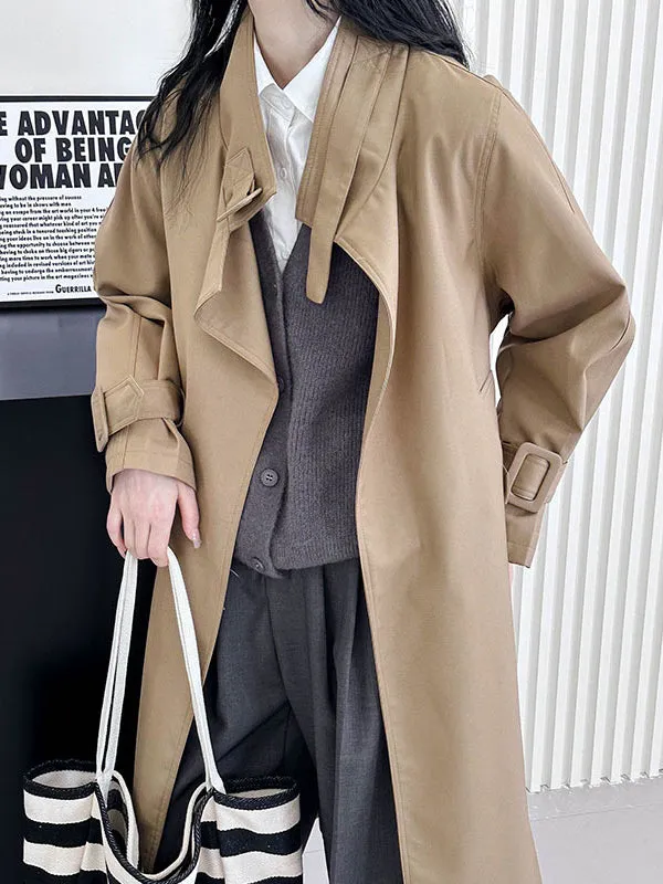 Long Sleeves Loose Buckle Pockets Solid Color Split-Back Tied Waist Lapel Trench Coats