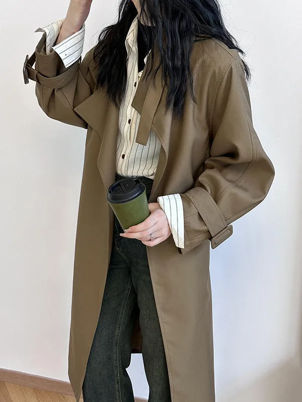 Long Sleeves Loose Buckle Pockets Solid Color Split-Back Tied Waist Lapel Trench Coats