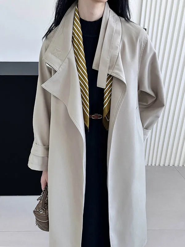 Long Sleeves Loose Buckle Pockets Solid Color Split-Back Tied Waist Lapel Trench Coats