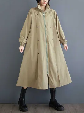 Long Sleeves Loose Buttoned Elasticity Pockets Split-Joint Zipper Lapel Outerwear Trench Coats