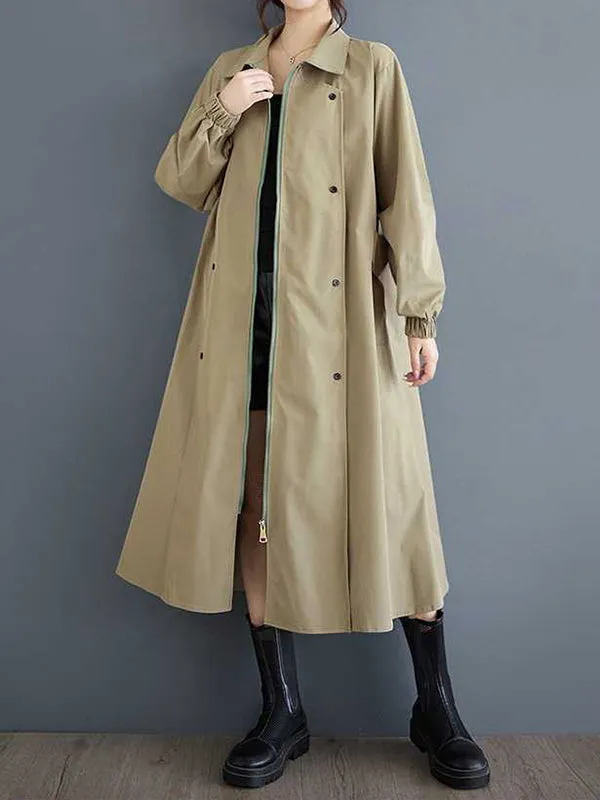 Long Sleeves Loose Buttoned Elasticity Pockets Split-Joint Zipper Lapel Outerwear Trench Coats