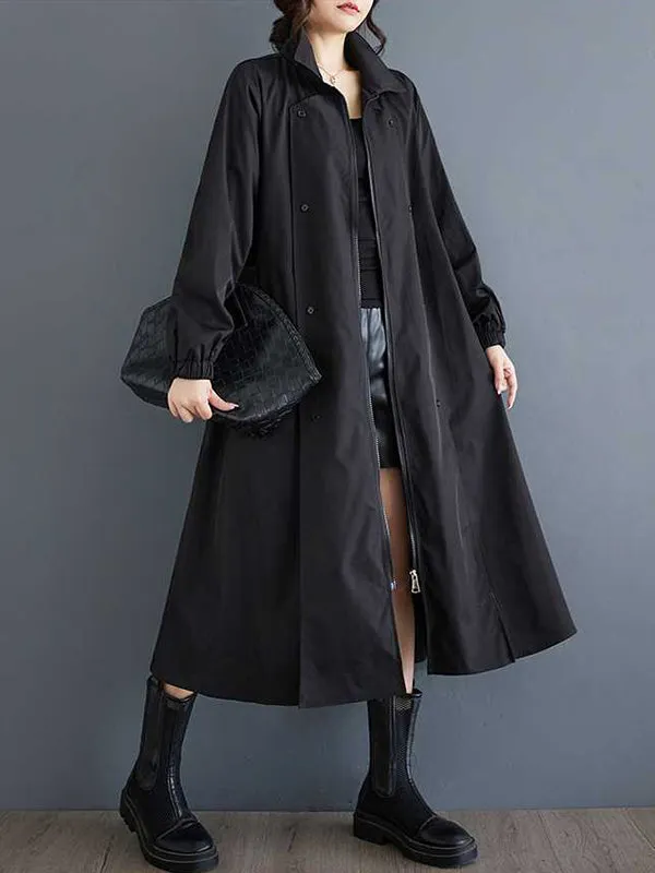 Long Sleeves Loose Buttoned Elasticity Pockets Split-Joint Zipper Lapel Outerwear Trench Coats