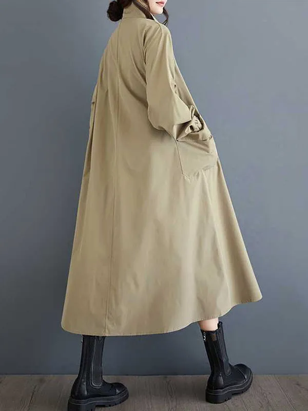 Long Sleeves Loose Buttoned Elasticity Pockets Split-Joint Zipper Lapel Outerwear Trench Coats