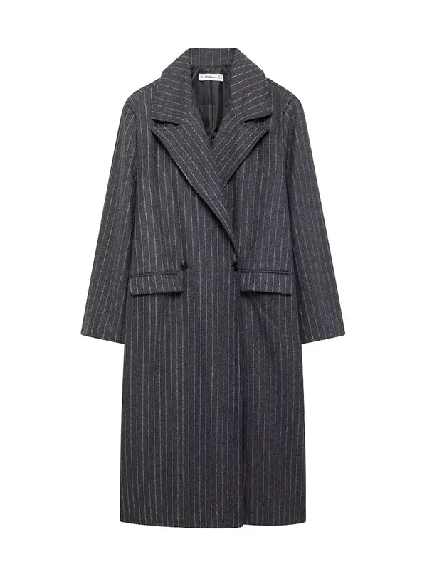 Long Sleeves Loose Split-Joint Striped Lapel Trench Coats Woolen Coat