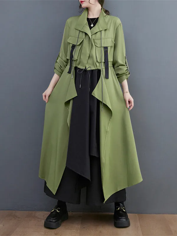 Loose Long Sleeves Drawstring Split-Joint Lapel Trench Coats