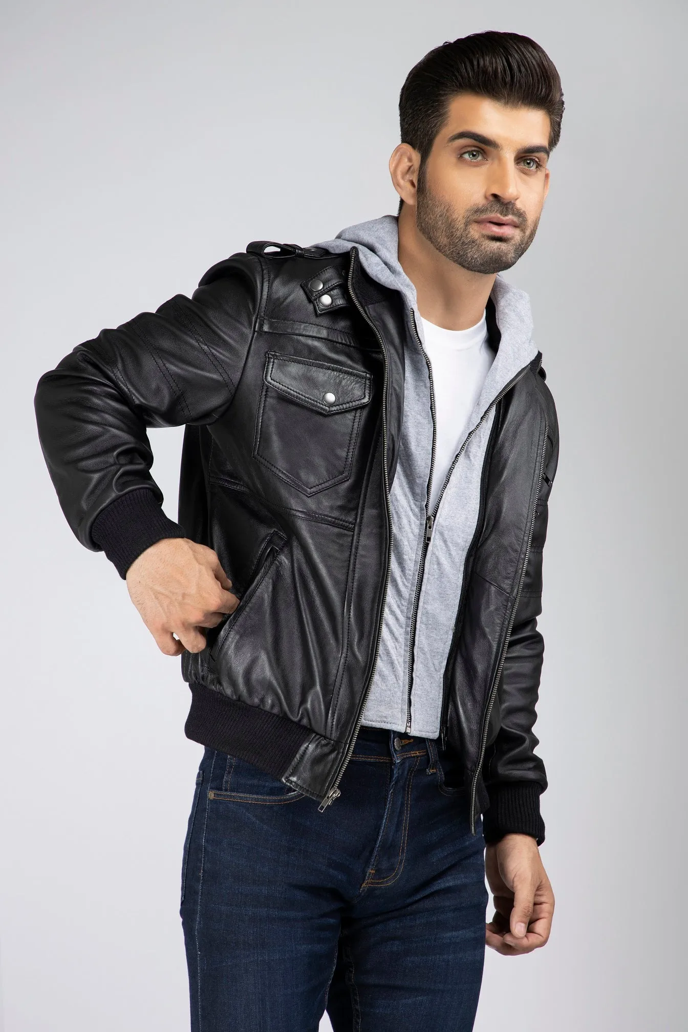 Mens Aace Genuine Leather Hooded Bomber Jacket with Removable Hoodie