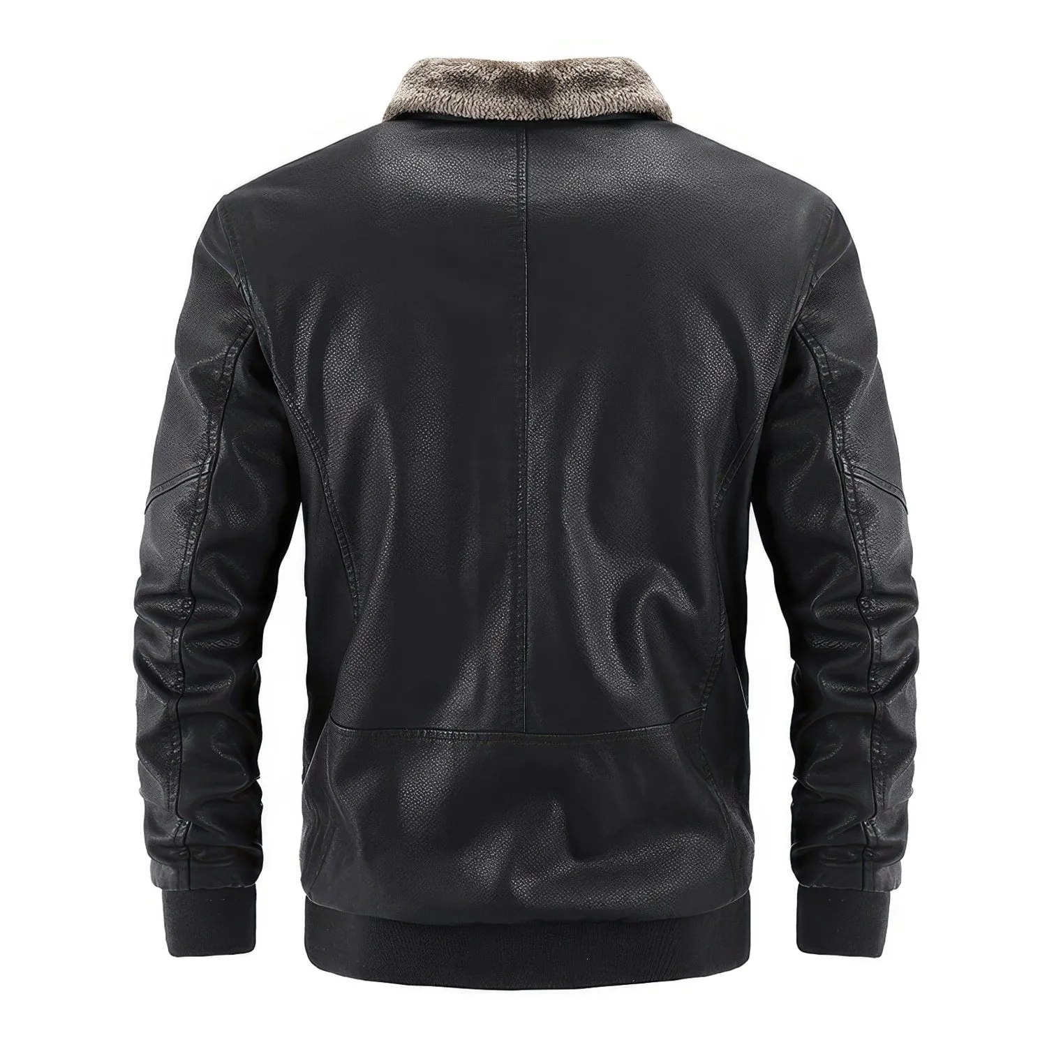 Men’s Black Bomber Genuine Sheepskin Sherpa Shearling Faux Fur Lined Shirt Collar Zip-Up Slim Fit Motorcycle Biker Leather Jacket