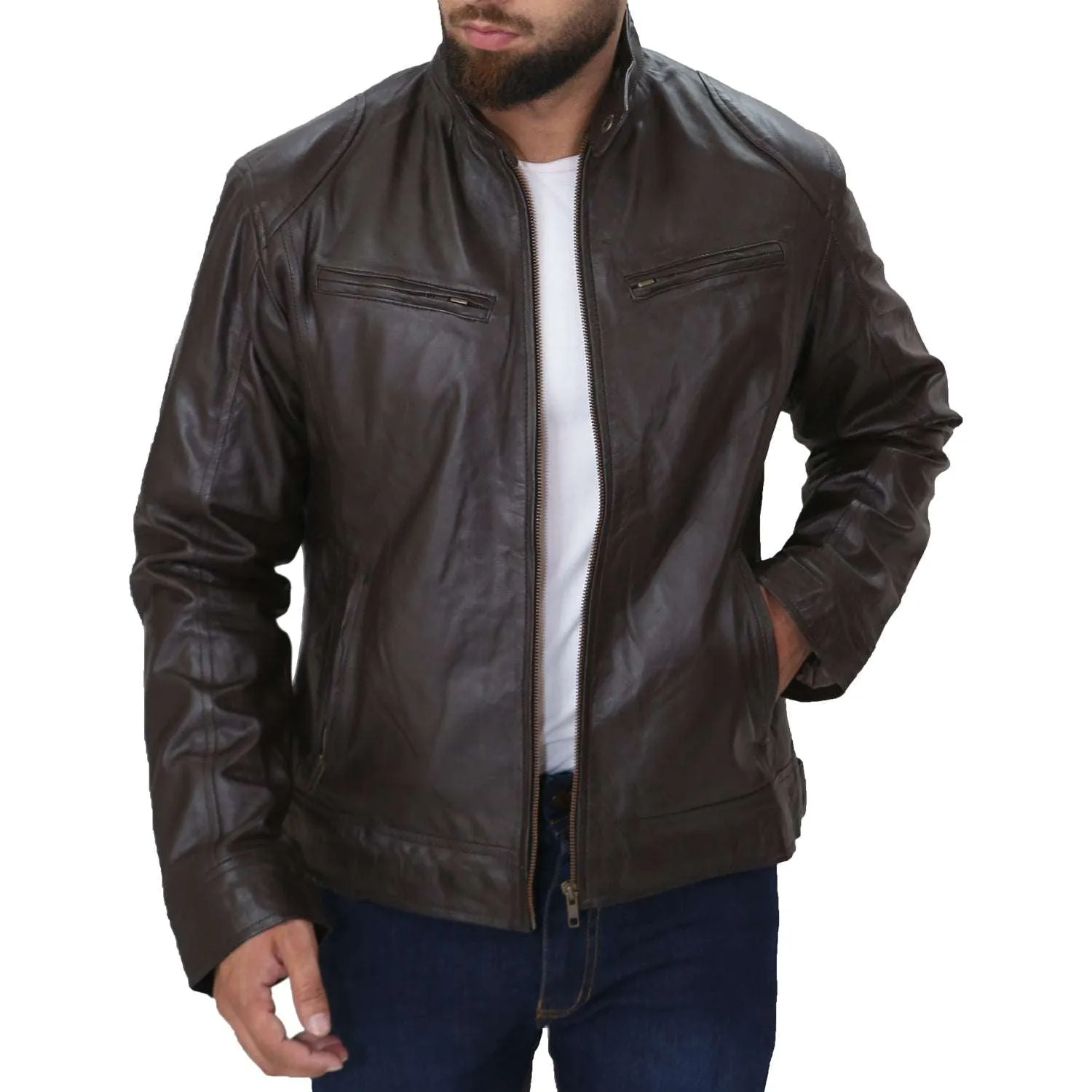 Men's Cafe Racer Biker Sheepskin Leather Jacket