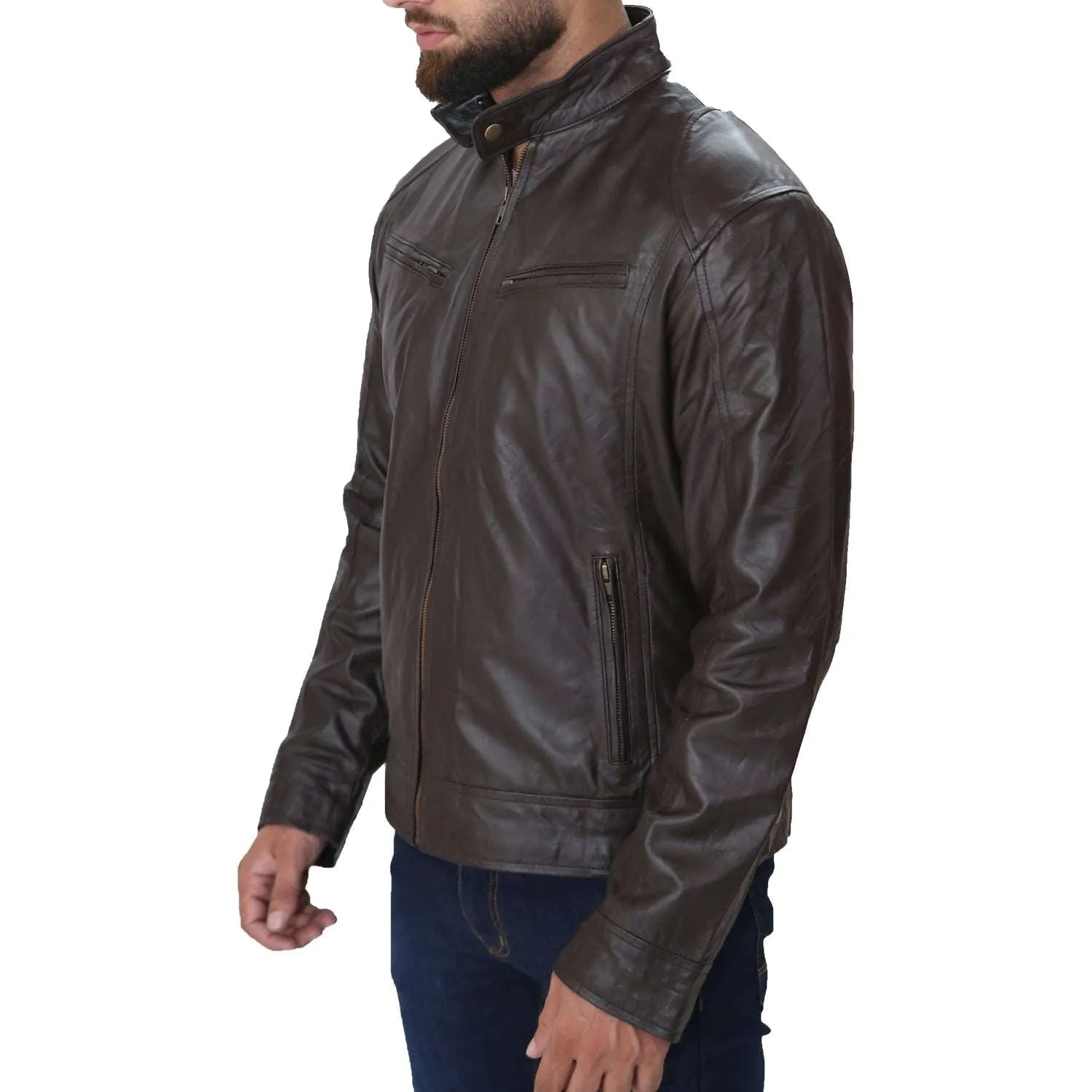 Men's Cafe Racer Biker Sheepskin Leather Jacket