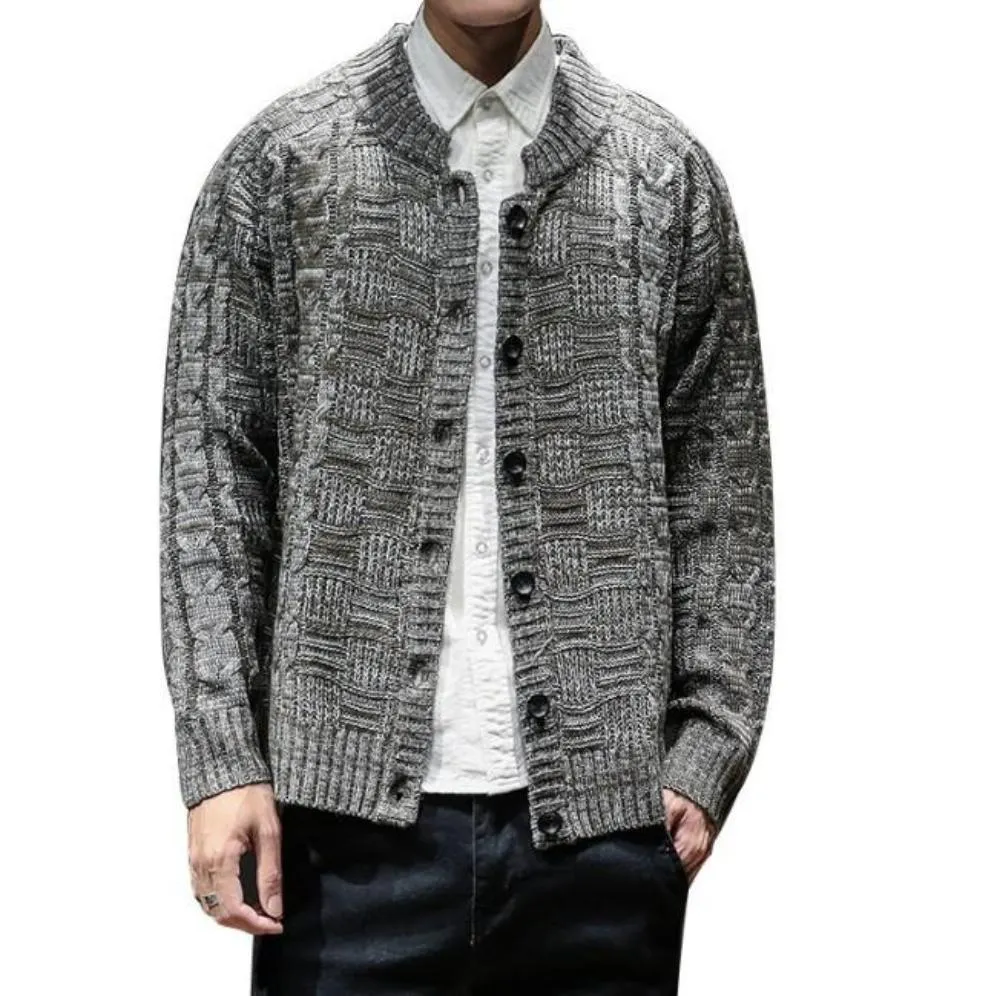 Mens Crew Neck Button Front Cardigan in Khaki