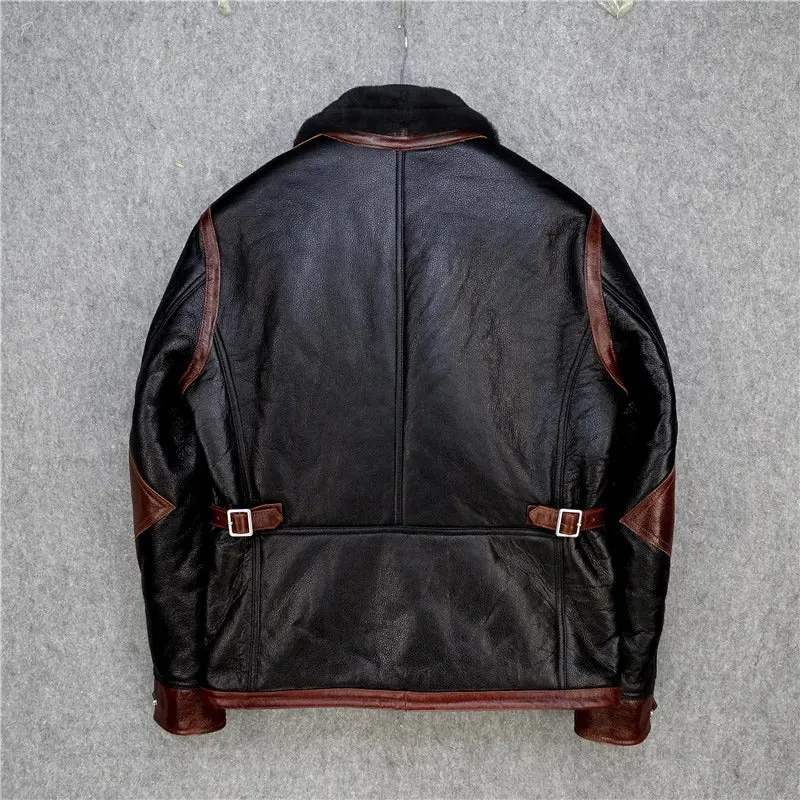 Men's Genuine Cow Leather Jacket with Shearling Faux Fur Lining