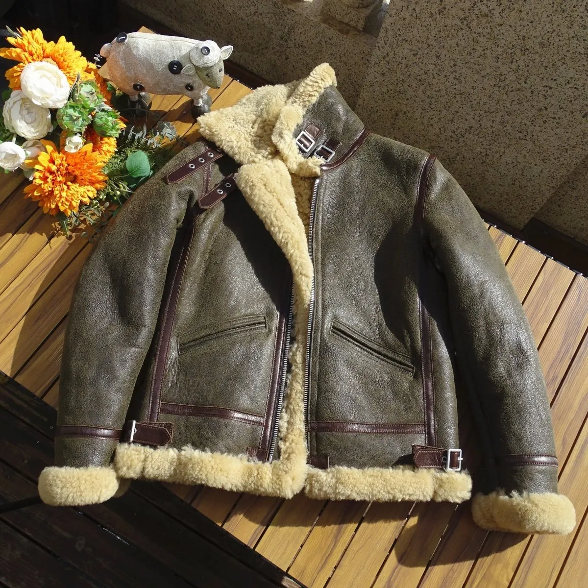 Mens Genuine Leather Jacket B3 Bomber Flight Uniform Sheepskin Fur