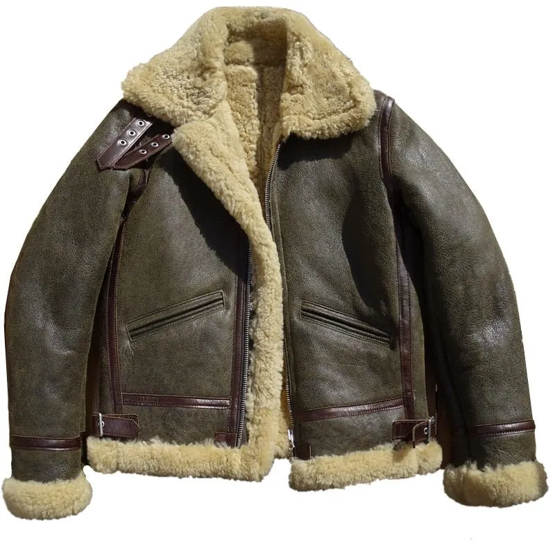 Mens Genuine Leather Jacket B3 Bomber Flight Uniform Sheepskin Fur