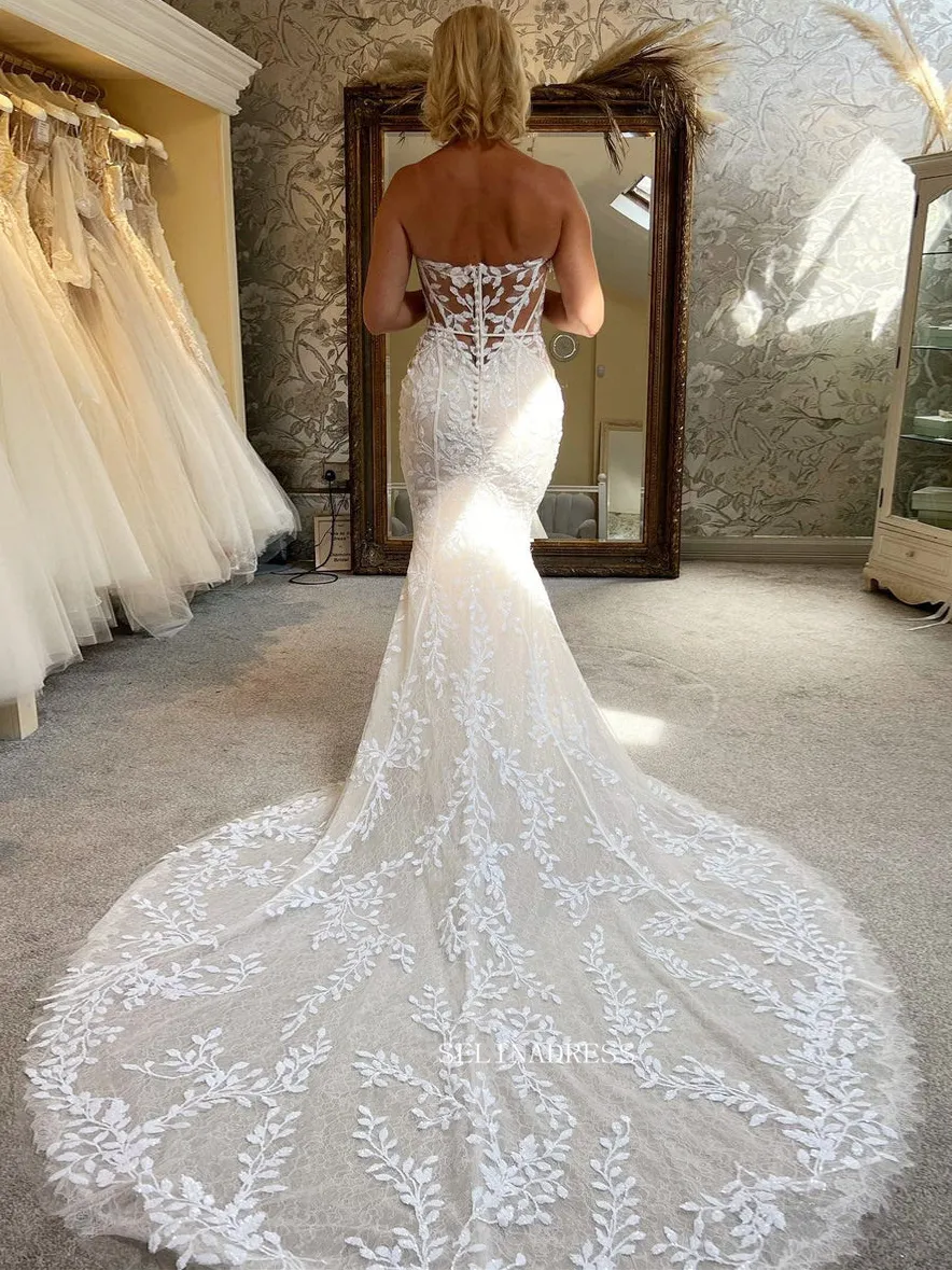 Mermaid Applique Lace Cheap Boho Wedding Dresses Bridal Dresses EWR907