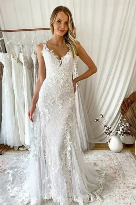 Mermaid Ivory Lace Long Wedding Dresses Long Bridal Gown