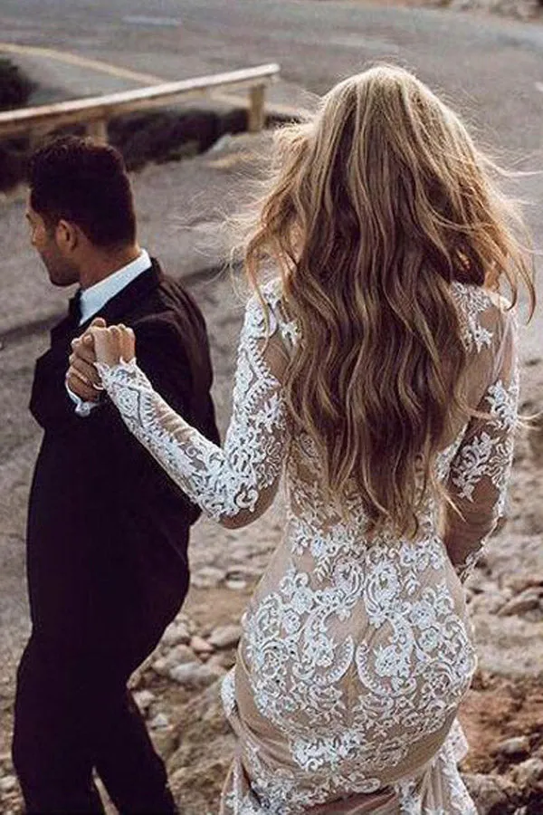 Mermaid Long Sleeve Lace Wedding Dress Beach Bridal Dress