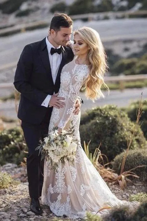 Mermaid Long Sleeve Lace Wedding Dress Beach Bridal Dress