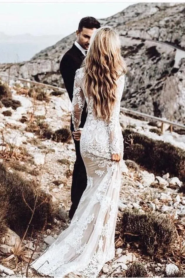 Mermaid Long Sleeve Lace Wedding Dress Beach Bridal Dress