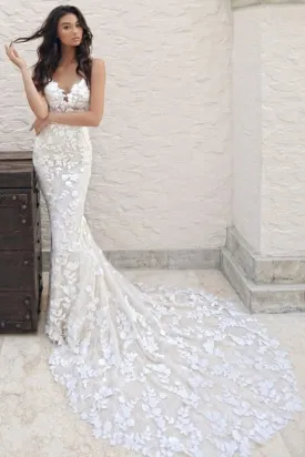 Mermaid Spaghetti Straps Lace Appliqued Wedding Dress