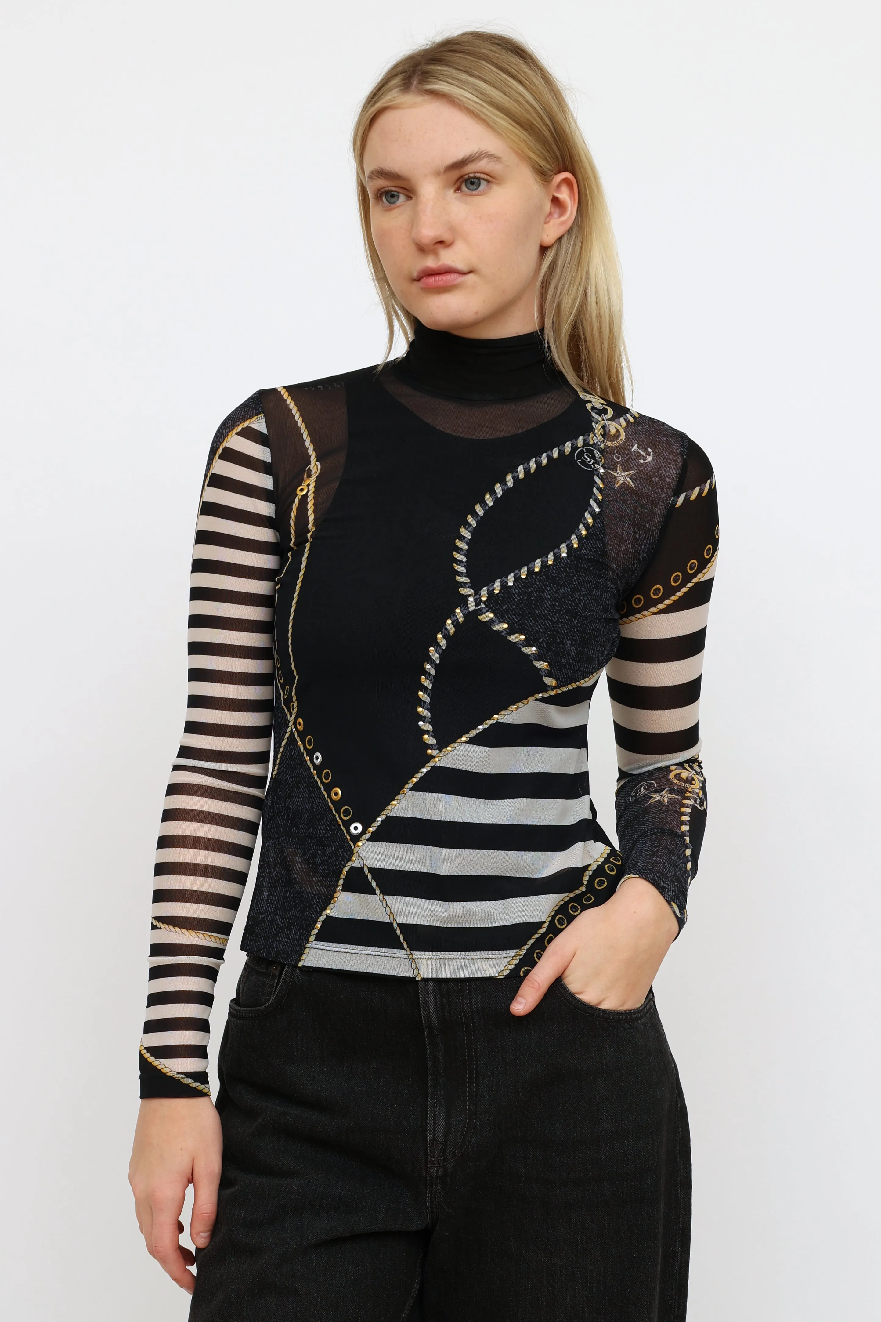 Navy Striped Graphic Mesh Top