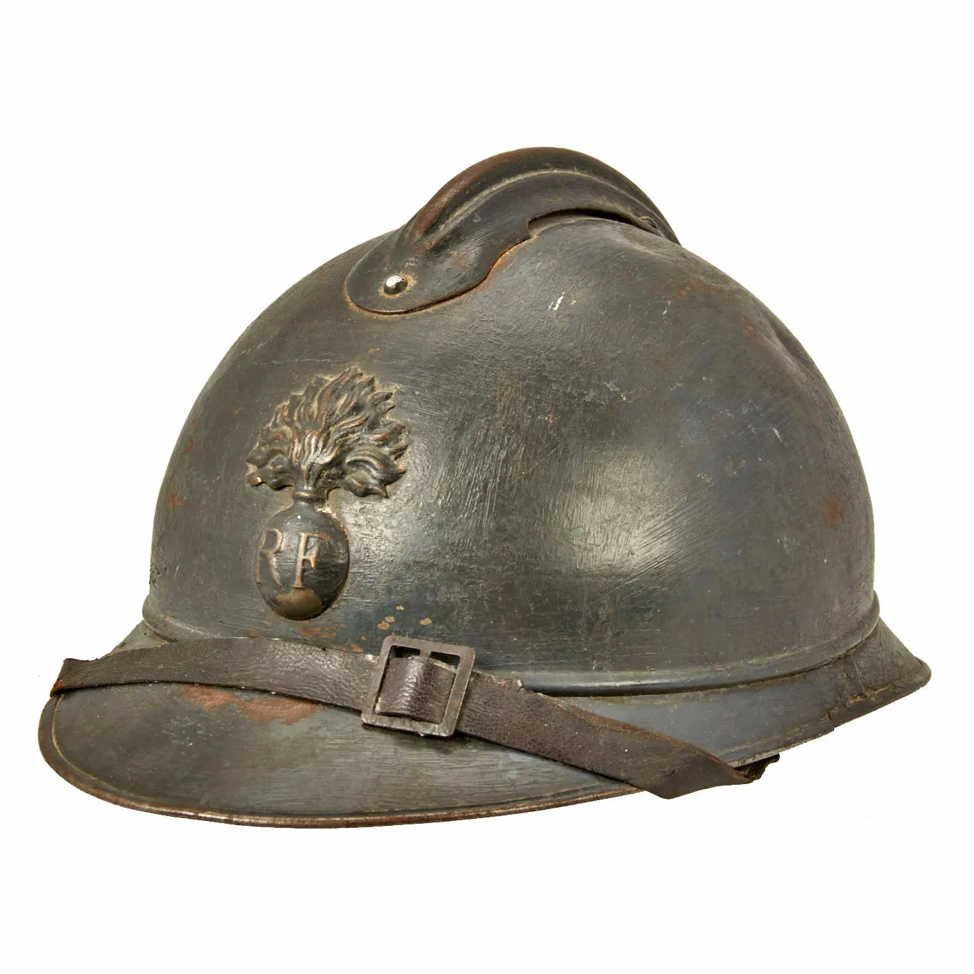 Original French WWI Early Issue Model 1915 Adrian Helmet in Horizon Blue with RF Badge - Complete