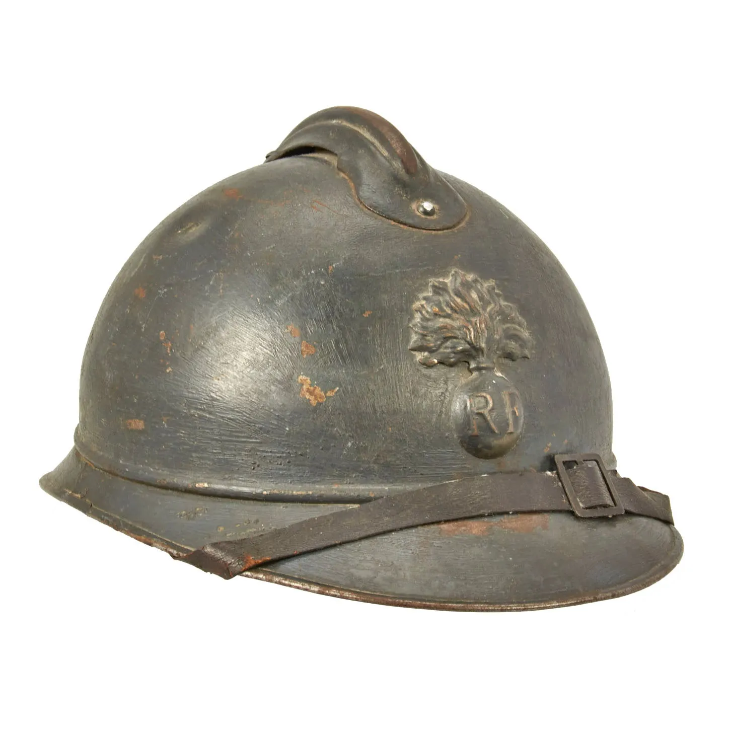 Original French WWI Early Issue Model 1915 Adrian Helmet in Horizon Blue with RF Badge - Complete