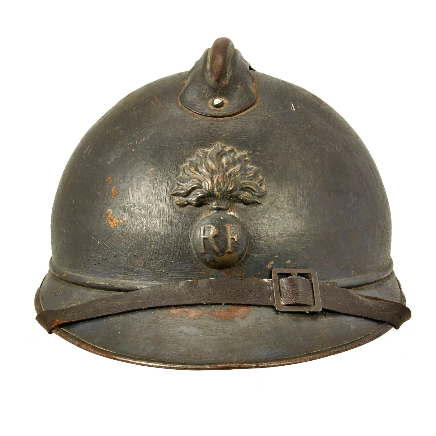 Original French WWI Early Issue Model 1915 Adrian Helmet in Horizon Blue with RF Badge - Complete